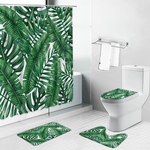 Monstera Green Leaves Shower Curtains Palm Tree Tropical Plant Flower Scenery Bathroom Curtain Non-Slip Toilet Cover Rug Mat Set