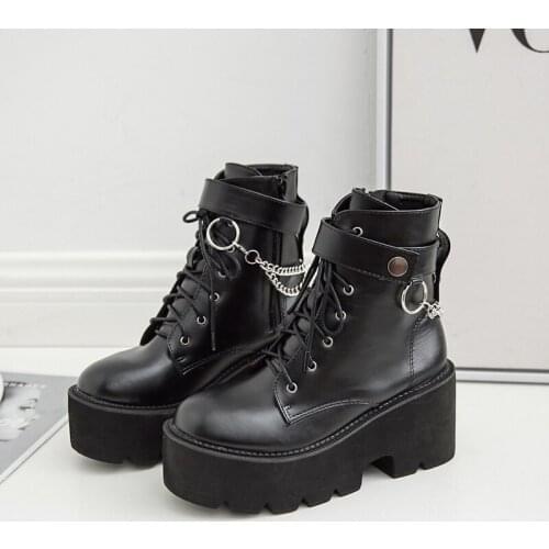 Patent Leather Gothic Black Boots Women Heel Sexy Chain Chunky Heel Platform Boots Female Punk Style Ankle Boots Zipper