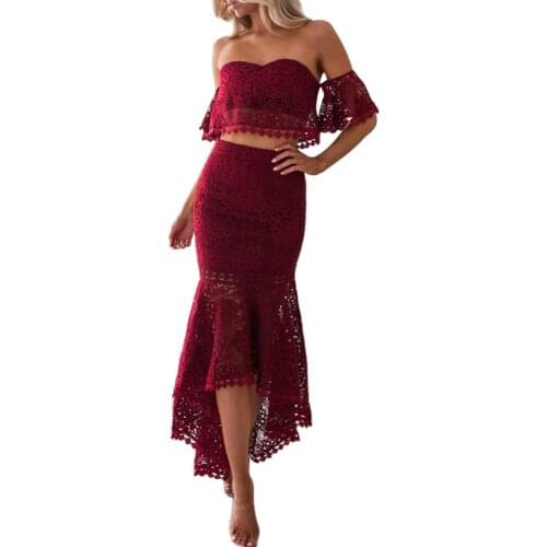 2Pcs/Set Sexy Dress Sets Women Lace Short Sleeve Tube Top Irregular Bodycon Skirt Elegant White Dress Female Wedding Party