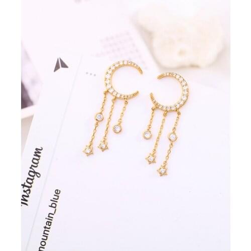 BALANBIU Luxury Zircon Moon Star Dangle Chain Tassel Drop Earrings For Women Anniversary Gifts Gold Color Brass Fashion Jewelry