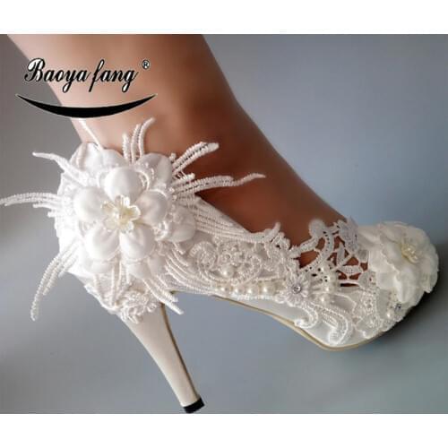 BaoYaFang New White Lace flower shoes woman High heels Pumps Womens wedding shoes Peep Toe fashion shoes