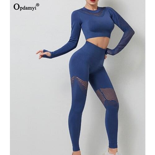 Women Seamless Fitness Yoga Set Sports Top Long Sleeve Hollow Out High Waist Leggings Workout Clothes Gym Athletics Running Suit