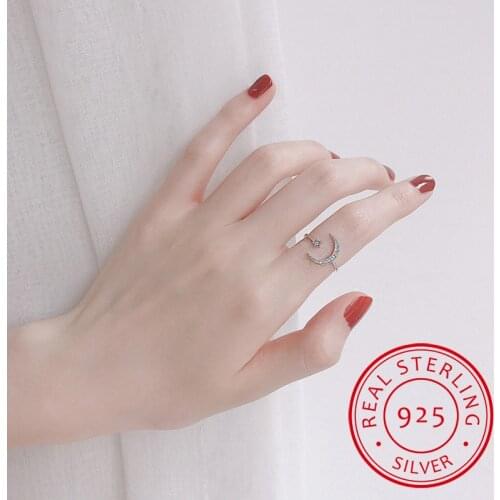 Cute Moon and Star Adjustable 925 Sterling Silver Rings with Zirconia Bling Stone for Women Fashion Wedding Engagement Jewelry