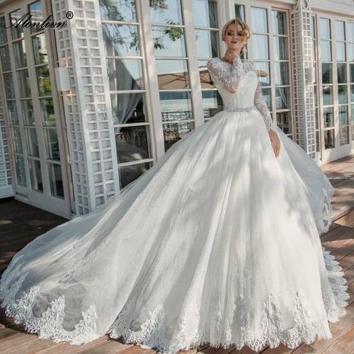 Alonlivn Chic Wedding Dresses Appliques Full Sleeves Beading Pearls Sashes Ball Gown Bridal Gowns Can Costomize