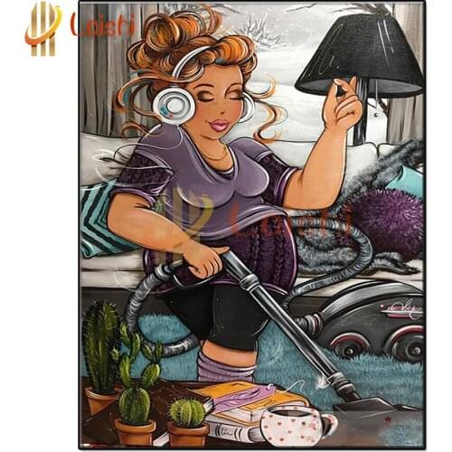 Diy diamond painting A fat lady doing housework while listening to music rhinestone mosaic embroidery full square round drill