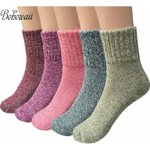 BOHOWAII Socks Women Vintage Style Winter Warm Skarpetki Thick Knit Wool Cozy Calcetines Mujer