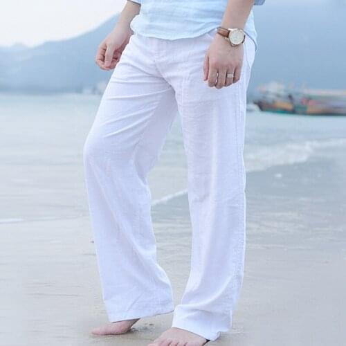 Linen Straight Trousers New thin Breathable Elastic Waist Casual Loose Over Size White Wide Leg Beach bottoms Pants Men Clothing