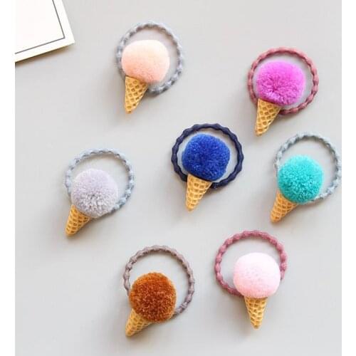 Kids Ice Cream Fluffy Pompom Hair Ties Seamless Elastic Hair Band Faux Fur Pom Pom Ponytail Holder For Girls HT008