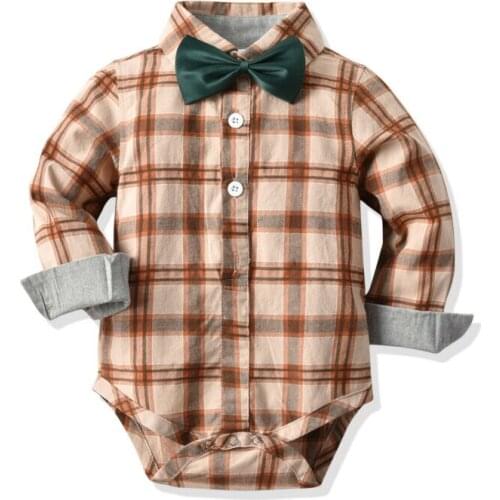 Infant Toddler Baby Boys Gentleman Bowtie Romper Plaid Shirt Party Wedding Casual Formal Bodysuit Jumpsuit Outfit 0-24M