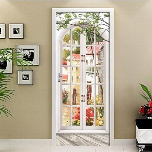 Door Sticker European Arch Oil Painting Landscape Wall Paper For Living Room Bedroom PVC Self-adhesive Door Mural Creative Decal