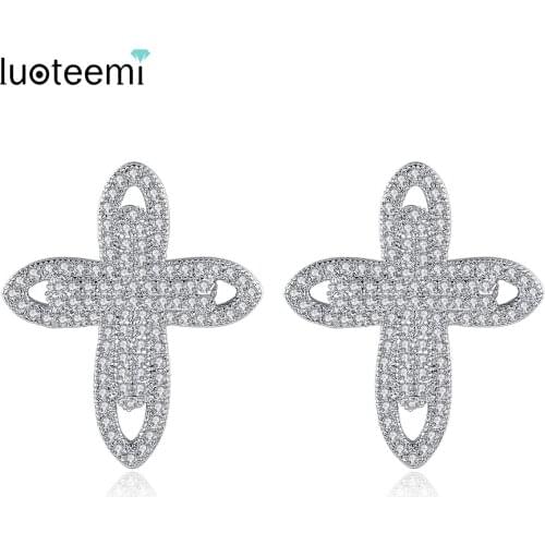 LUOTEEMI Cross Earrings with Tiny Zircon Elements Women Cross Big Stud Earrings Jewelry Wholesale White Gold Color