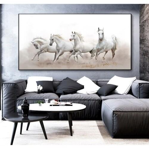 Four White Horse Running Pictures Animal Posters And Prints Canvas Painting Wall Art For Living Room Decoration No Frame