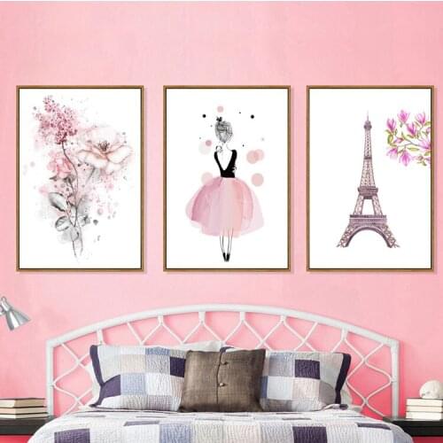 Pink Cartoon Dancing Girls Flowers Tower Canvas Paintings Wall Art Poster Gift Cute Nordic Pictures Children Kids Bedroom Decor
