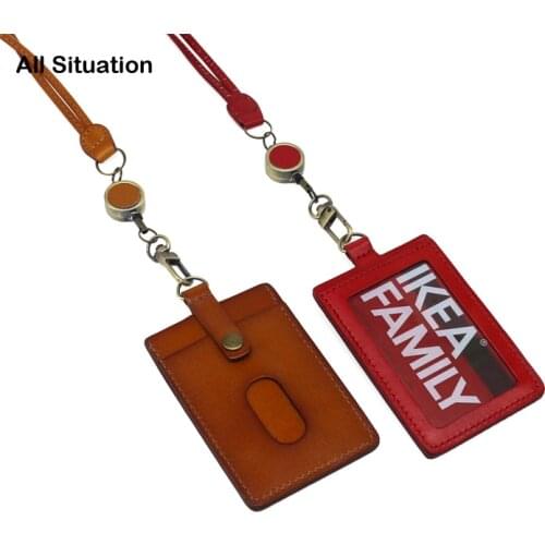 Luxury ID Badge Neck Wallet For Work Office First Layer Cow Leather Handmade Identity Bus Card Purse Lanyard Elastic Easy Pull