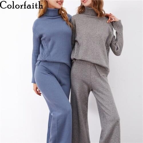 Colorfaith 2020 Autumn Winter Women Sets 2 Pieces Turtleneck Sweater Pullovers Wide Leg Long Pants Warm Tracksuit Suits WS1224