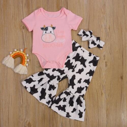 Toddler Baby Girl Summer 3pcs Outfits Letter Pattern Short Sleeve Romper + Cow Print Flared Pants + Headband Infant Kids Clothes