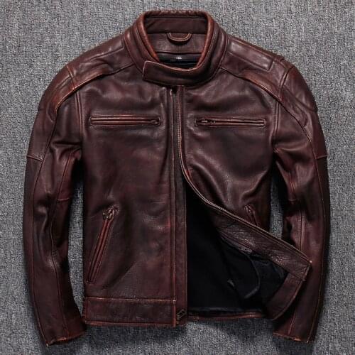 Retro Cowhide Genuine Men Real Cow Coat Motorcycle Jacket Short Vintage Leather Jackets KJ1441