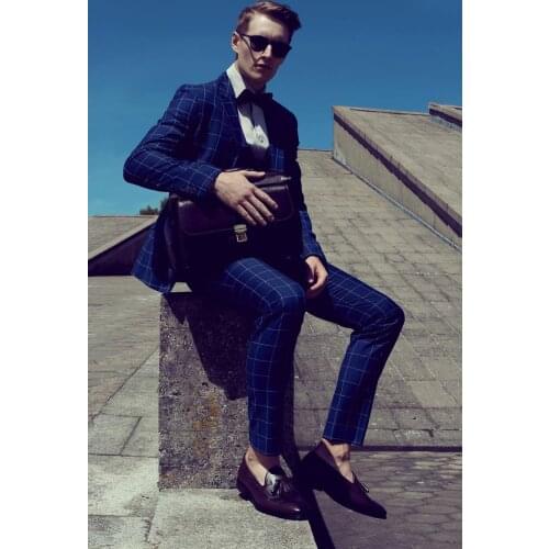 2021 Summer 3 Pieces Plaid Men Suits Modern Navy Custom Made Handsome Men Suits Cotton Formal Business Coat+Pant+Vest