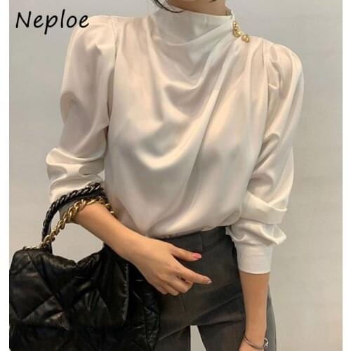 Neploe Puff Sleeve Solid Color Shirt Top Women Korea Chic Autumn Stand-up Collar Blusas De Mujer Pleated Button Woman Blouses