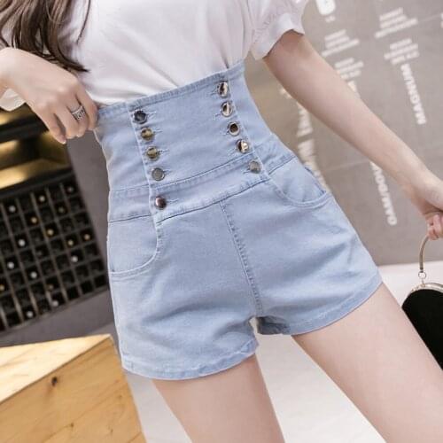 Summer Women Denim Shorts 2020 New Black Blue High Waist Short Jeans Femme Buttons Lace Up Bandage Hotpants Mori Girl