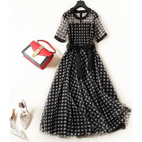 SURUFENG Fashion Summer Maxi Dress Black White Plaid Net Print Short Sleeve Summer Loose Dresses New Womens Plus Size 5XL