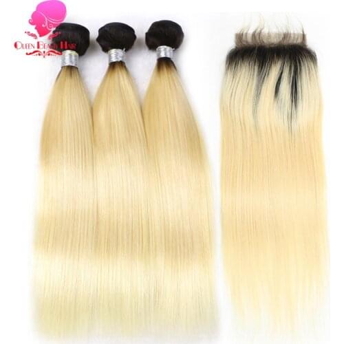 QUEENBEAUTY 1B 613 Blonde 2 Tone Ombre Brazilian Straight Hair Bundles with Closure,Remy Human Hair Bundles with Closure