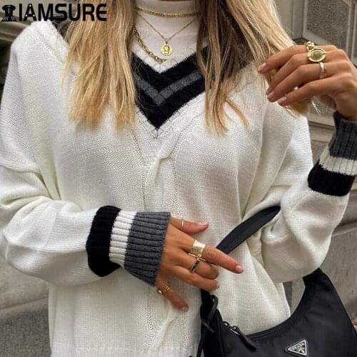 IAMSURE Y2k V-Neck Sweaters Women Oversized Harajuku Aesthetic Long Sleeve Pullovers Streetwear Jumper Korean Knitwear Autumn