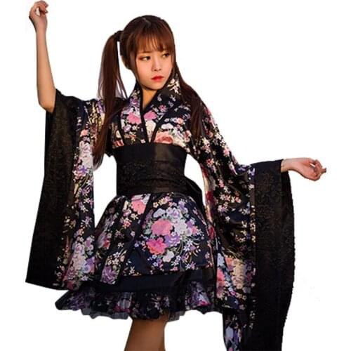 Girls Japanese Traditional Lolita Costumes Kimono Dress Clothing Long Sleeve Floral Print Fancy Sexy Anime Cosplay Costume S-XL