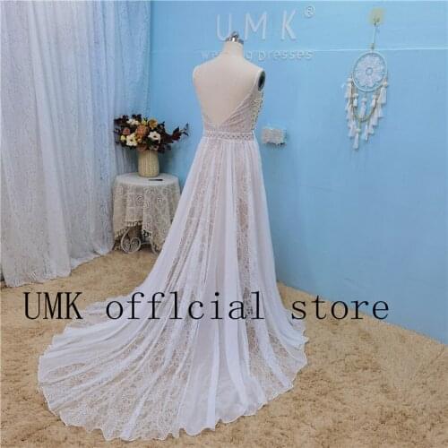 UMK Sexy Bohemia Beach Wedding Dress 2021 Lace Backless Vestido De Noiva Spaghetti Straps Chiffon Boho Wedding Dresses