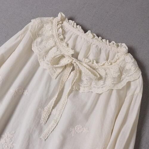 Spring Autumn Cotton Lace Tie Blouses Women Japanese Mori Girl Long Sleeved Floral Embroidery Female Blouses Tops U176