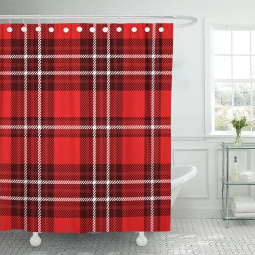 Abstract Plaid Pattern in Burgundy Red and White Checkered Shower Curtain Waterproof Polyester Fabric 60 x 72 Inches Set