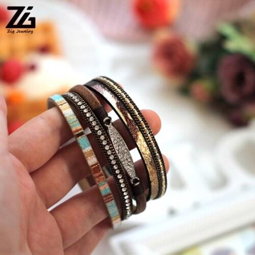 ZG Fashion Women Leather Bracelet Rhinestone Bar Charm Bohemian Leather Female Bracelets in 7 Colors