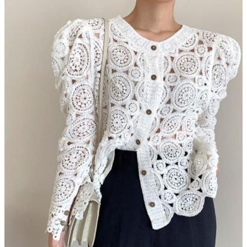 New arrival spring elegant hollow out puff sleeve knitted t-shirt women single breasted cotton top tees