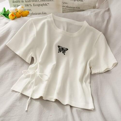 Womens Casual Plain Butterfly Print Bandage T-shirts Female O-Neck Short Sleeve Drawstring Top Slim Knitted Tees