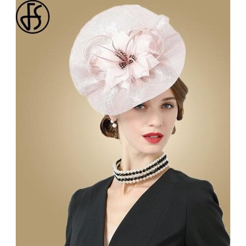 FS Vintage Black Wedding Hats For Women Elegant Flower Pink Sinamay Fascinator Hat Fedora Kentucky Derby Church Party Hat