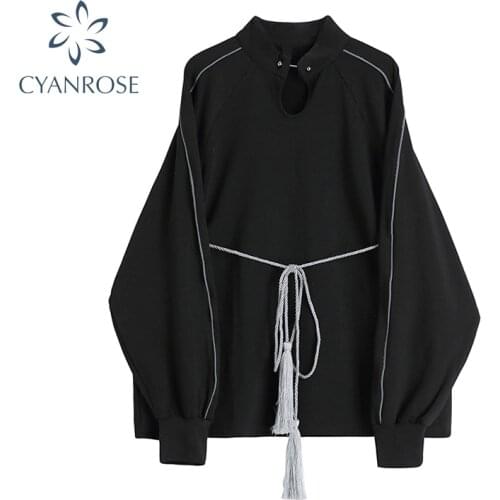 2021 Autumn New Vintage BF Style Black oat Womens Sweatshirt Loose Pullover Stand Collar Long Sleeve Female Hoodie With Sashes