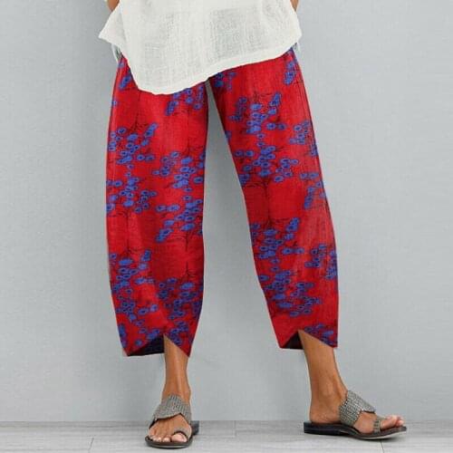 2021 New Fashion Womens Irregular Hem Long Pants Autumn Summer Stylish Floral/Wood Print Loose Elastic Waist Trousers Pants