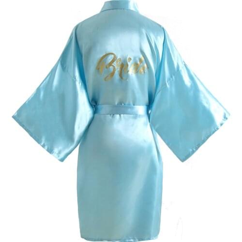 Womens Sapphire Blue Wedding Satin Kimono Robe for Bride, Rose Gold Letters