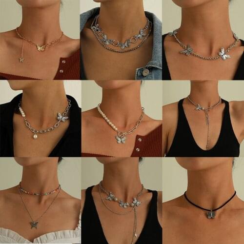 Retro Women Necklace Luminous Pearl Butterfly Necklace Bohemia Double Layer Zircon Necklaces For Women Jewelry Accessories