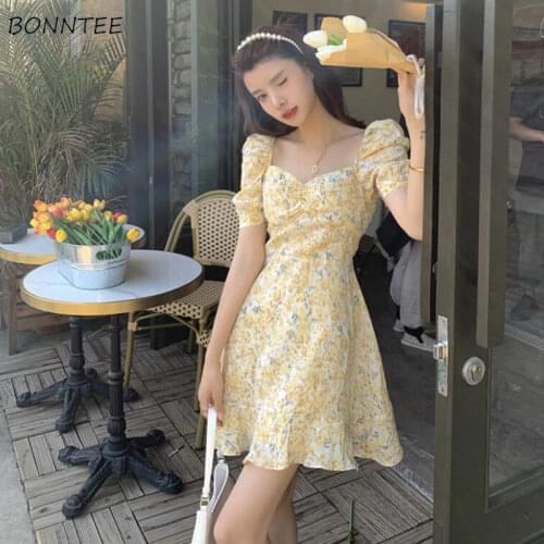 Dress Women Floral Sweet Summer Elegant Ruffles French Style Vintage Mini Empire Slim Leisure Puff Sleeve Temperament Female New