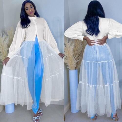 Summer Autumn Mesh Patchwork White Shirt Dress Women Button-up Long Sleeve Maxi Dress Streetwear Party Club Dresses Robe Femme