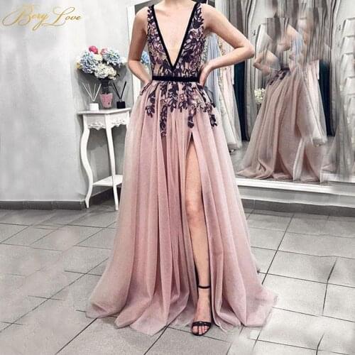 Pink Prom Dresses 2020 Black Flowers Top Sexy V Neck Evening Gown Sleeveless Wedding Party Dres Lady Formal Dress Slit Vestidos