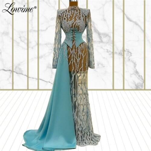 Lowime Luxury Robes Beading Dubai Evening Dresses 2021 Couture Long Sleeves Customized Party Gowns Arabic Illusion Prom Dresses