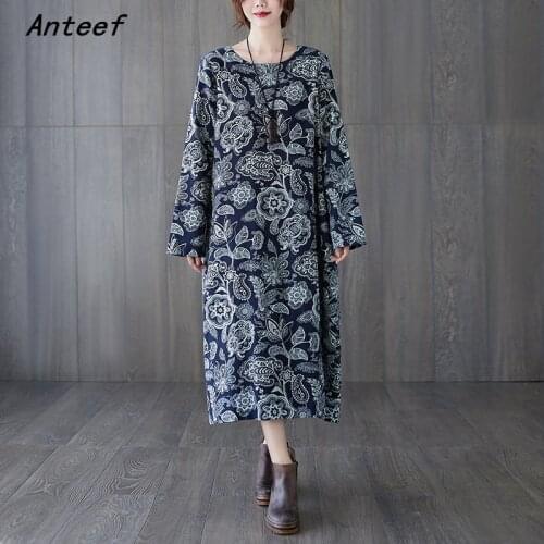 Long sleeve plus size cotton linen vintage floral for women casual loose spring autumn dress elegant clothes 2021 ladies dresses