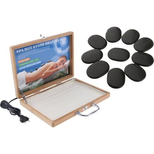 10pcs Energy Hot Stone + Hot Stone Rock Heating Box Massage Stone Warmer Case Heater Set for Body SPA Massage - EU Plug