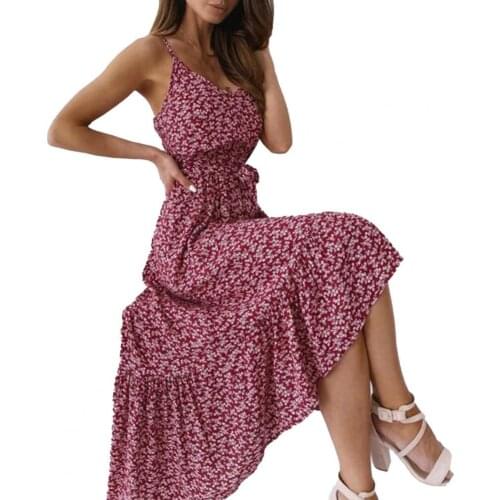 2021 Sexy Women Sling Dress Spaghetti Straps Large Hem Floral Print Female Sundress Backless Waist Tight Women Maxi Dresses