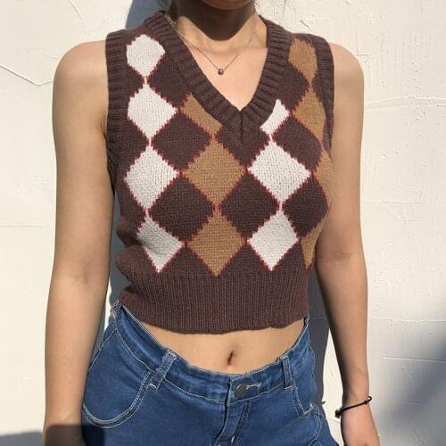 90s Vintage Cropped Sweater Vest Women Autumn Sleeveless Knit Pullover Y2K Preppy Style Casual Brown Plaid Knitwear Streetwear