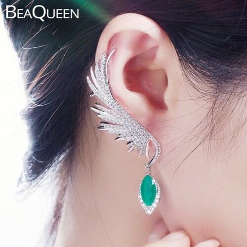 BeaQueen Feather Shape Big Green Marquise Stone Drop Long Angel Wing Ear Cuff Stud Earrings Cubic Zirconia Party Jewelry E341
