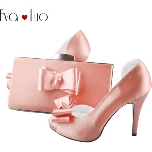 BS860 DHL Custom Made Peach Bow Shoes With Matching Bag Set peep Women Shoes Dress Pumps Bridal Wedding Shoes
