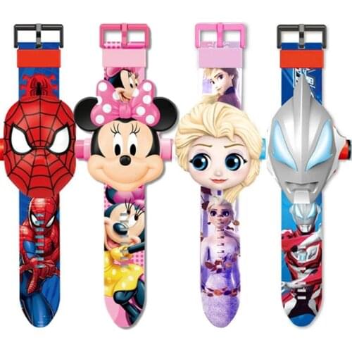 Disney Mickey Frozen Childrens Cartoon 3D Projection Electronic Watch 24 Pictures with Clamshell Flip Anime Toy birthday gifts